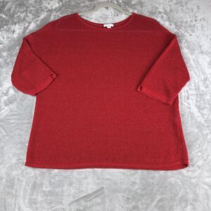 J.Jill Open Knit Tunic‎ Women's PL Red Boat Neck Linen Blend 3/4 Sleeve (1072)